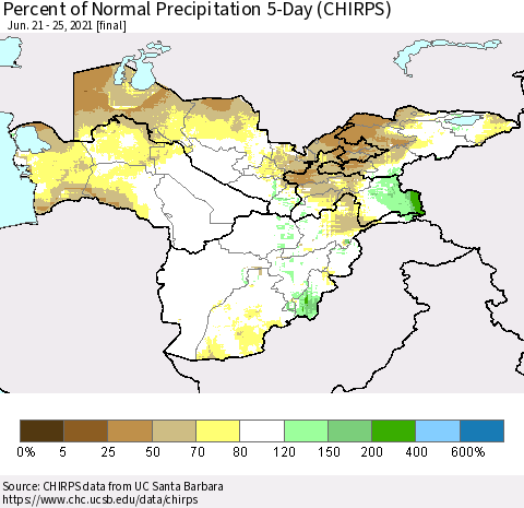 Central Asia Percent of Normal Precipitation 5-Day (CHIRPS) Thematic Map For 6/21/2021 - 6/25/2021