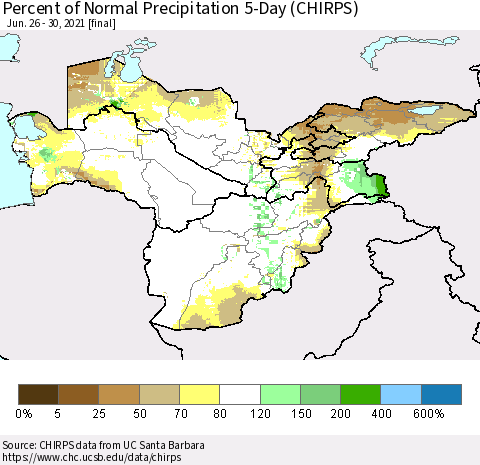 Central Asia Percent of Normal Precipitation 5-Day (CHIRPS) Thematic Map For 6/26/2021 - 6/30/2021