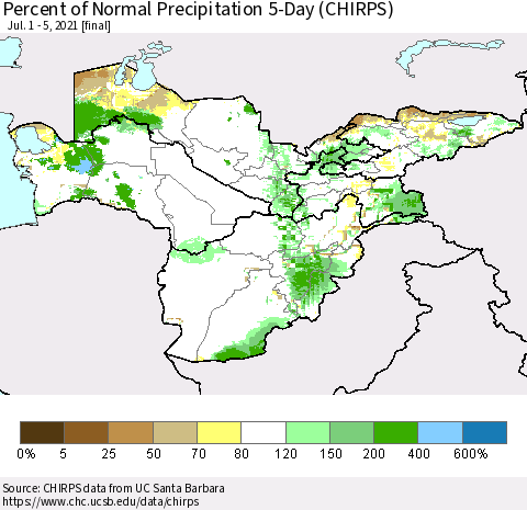 Central Asia Percent of Normal Precipitation 5-Day (CHIRPS) Thematic Map For 7/1/2021 - 7/5/2021