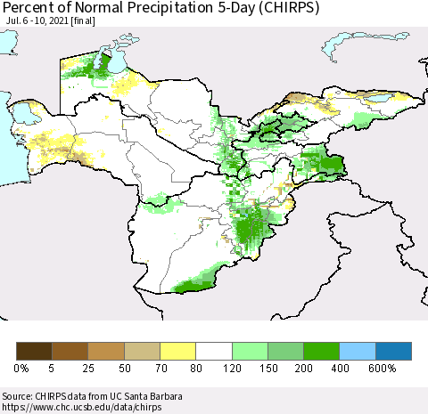 Central Asia Percent of Normal Precipitation 5-Day (CHIRPS) Thematic Map For 7/6/2021 - 7/10/2021