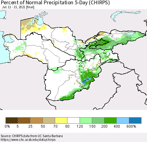 Central Asia Percent of Normal Precipitation 5-Day (CHIRPS) Thematic Map For 7/11/2021 - 7/15/2021