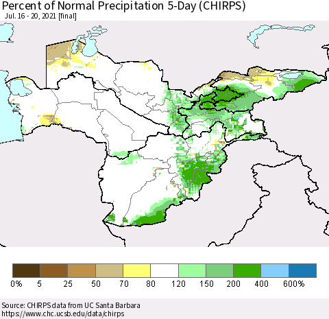 Central Asia Percent of Normal Precipitation 5-Day (CHIRPS) Thematic Map For 7/16/2021 - 7/20/2021