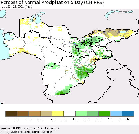 Central Asia Percent of Normal Precipitation 5-Day (CHIRPS) Thematic Map For 7/21/2021 - 7/25/2021