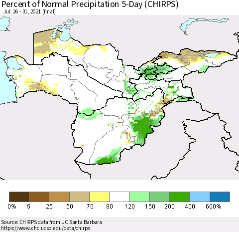 Central Asia Percent of Normal Precipitation 5-Day (CHIRPS) Thematic Map For 7/26/2021 - 7/31/2021