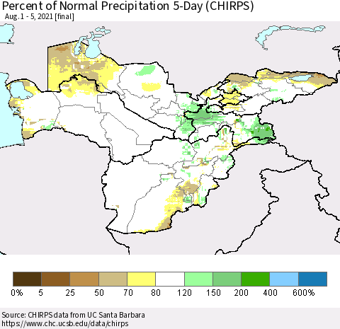 Central Asia Percent of Normal Precipitation 5-Day (CHIRPS) Thematic Map For 8/1/2021 - 8/5/2021