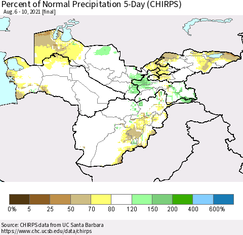 Central Asia Percent of Normal Precipitation 5-Day (CHIRPS) Thematic Map For 8/6/2021 - 8/10/2021