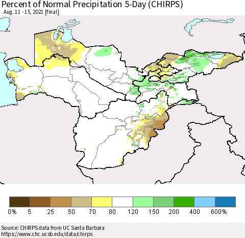 Central Asia Percent of Normal Precipitation 5-Day (CHIRPS) Thematic Map For 8/11/2021 - 8/15/2021
