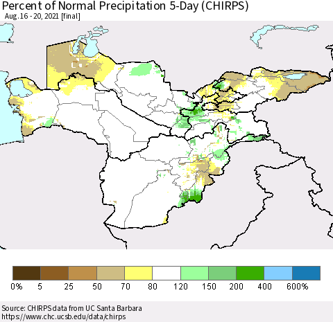 Central Asia Percent of Normal Precipitation 5-Day (CHIRPS) Thematic Map For 8/16/2021 - 8/20/2021