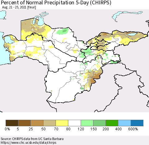 Central Asia Percent of Normal Precipitation 5-Day (CHIRPS) Thematic Map For 8/21/2021 - 8/25/2021