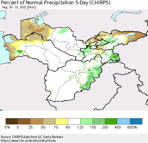 Central Asia Percent of Normal Precipitation 5-Day (CHIRPS) Thematic Map For 8/26/2021 - 8/31/2021