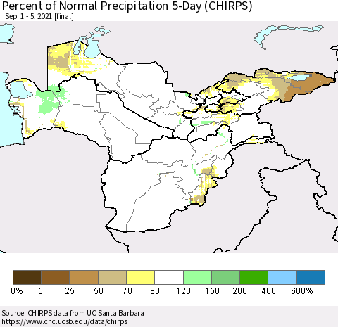 Central Asia Percent of Normal Precipitation 5-Day (CHIRPS) Thematic Map For 9/1/2021 - 9/5/2021