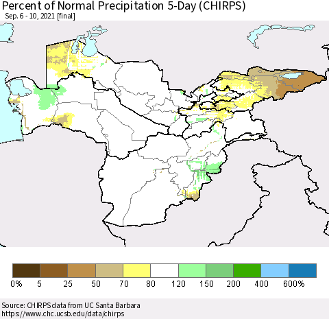 Central Asia Percent of Normal Precipitation 5-Day (CHIRPS) Thematic Map For 9/6/2021 - 9/10/2021