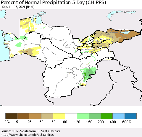Central Asia Percent of Normal Precipitation 5-Day (CHIRPS) Thematic Map For 9/11/2021 - 9/15/2021