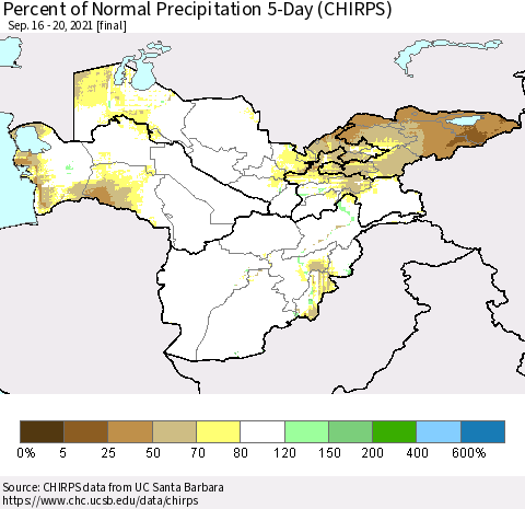 Central Asia Percent of Normal Precipitation 5-Day (CHIRPS) Thematic Map For 9/16/2021 - 9/20/2021