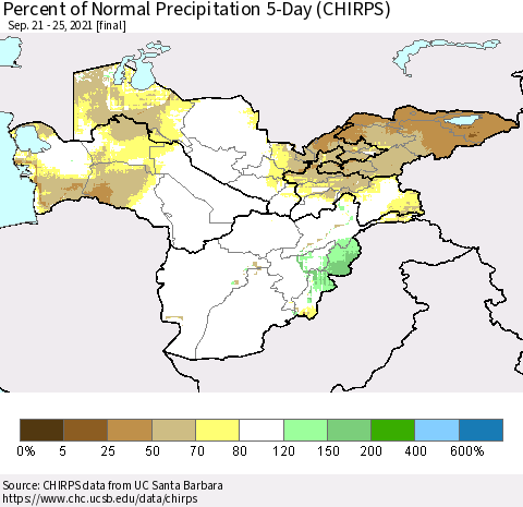 Central Asia Percent of Normal Precipitation 5-Day (CHIRPS) Thematic Map For 9/21/2021 - 9/25/2021