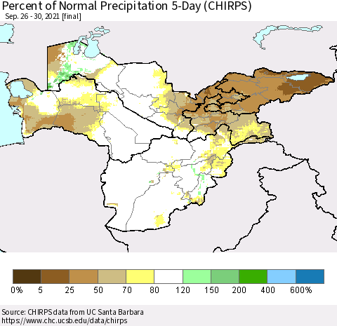 Central Asia Percent of Normal Precipitation 5-Day (CHIRPS) Thematic Map For 9/26/2021 - 9/30/2021