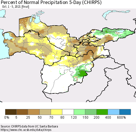 Central Asia Percent of Normal Precipitation 5-Day (CHIRPS) Thematic Map For 10/1/2021 - 10/5/2021