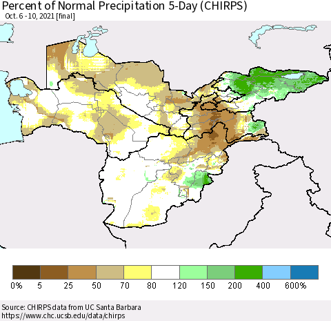 Central Asia Percent of Normal Precipitation 5-Day (CHIRPS) Thematic Map For 10/6/2021 - 10/10/2021