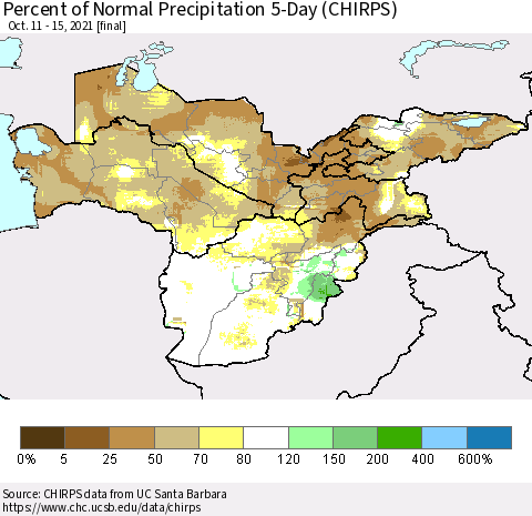 Central Asia Percent of Normal Precipitation 5-Day (CHIRPS) Thematic Map For 10/11/2021 - 10/15/2021