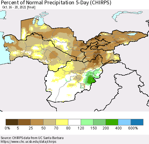 Central Asia Percent of Normal Precipitation 5-Day (CHIRPS) Thematic Map For 10/16/2021 - 10/20/2021