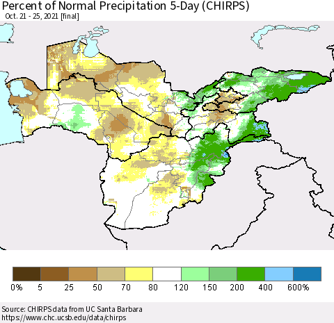 Central Asia Percent of Normal Precipitation 5-Day (CHIRPS) Thematic Map For 10/21/2021 - 10/25/2021
