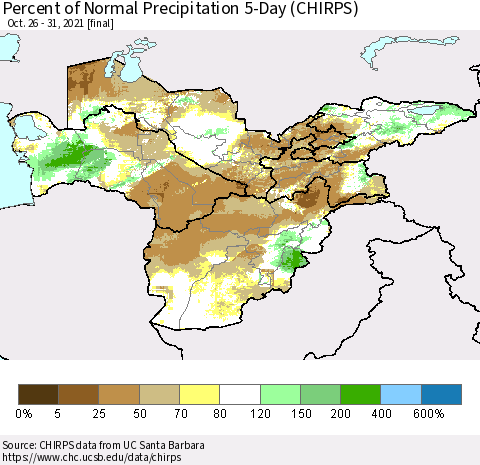 Central Asia Percent of Normal Precipitation 5-Day (CHIRPS) Thematic Map For 10/26/2021 - 10/31/2021