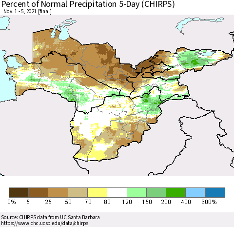 Central Asia Percent of Normal Precipitation 5-Day (CHIRPS) Thematic Map For 11/1/2021 - 11/5/2021