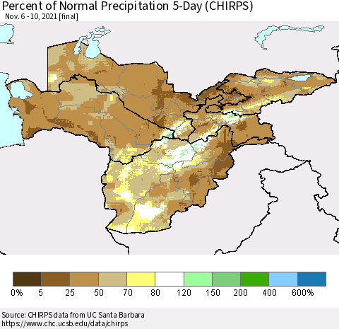 Central Asia Percent of Normal Precipitation 5-Day (CHIRPS) Thematic Map For 11/6/2021 - 11/10/2021
