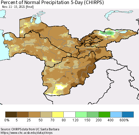 Central Asia Percent of Normal Precipitation 5-Day (CHIRPS) Thematic Map For 11/11/2021 - 11/15/2021