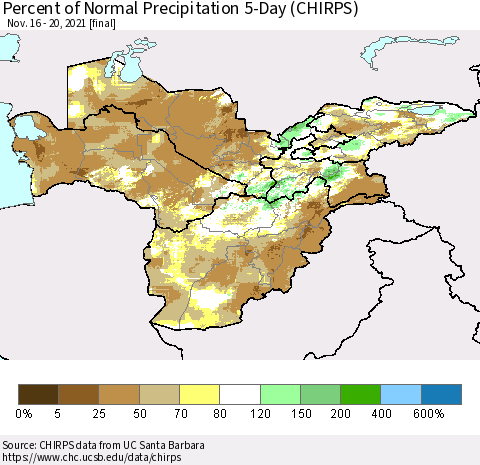 Central Asia Percent of Normal Precipitation 5-Day (CHIRPS) Thematic Map For 11/16/2021 - 11/20/2021
