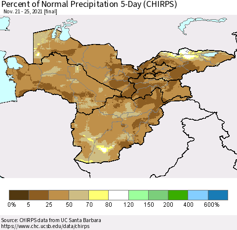 Central Asia Percent of Normal Precipitation 5-Day (CHIRPS) Thematic Map For 11/21/2021 - 11/25/2021