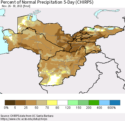 Central Asia Percent of Normal Precipitation 5-Day (CHIRPS) Thematic Map For 11/26/2021 - 11/30/2021