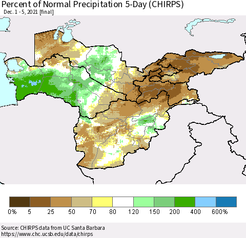 Central Asia Percent of Normal Precipitation 5-Day (CHIRPS) Thematic Map For 12/1/2021 - 12/5/2021