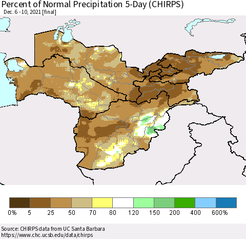 Central Asia Percent of Normal Precipitation 5-Day (CHIRPS) Thematic Map For 12/6/2021 - 12/10/2021