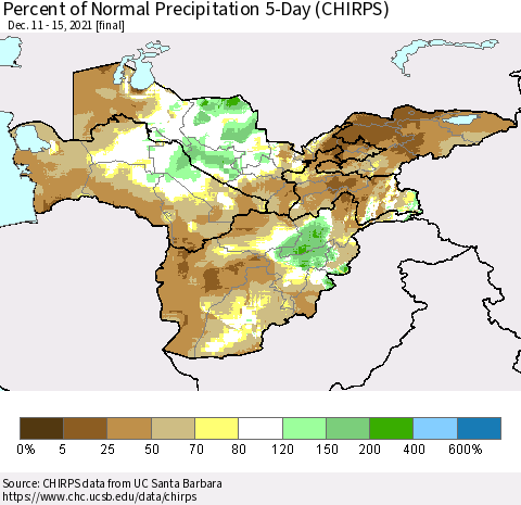 Central Asia Percent of Normal Precipitation 5-Day (CHIRPS) Thematic Map For 12/11/2021 - 12/15/2021