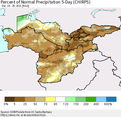 Central Asia Percent of Normal Precipitation 5-Day (CHIRPS) Thematic Map For 12/16/2021 - 12/20/2021