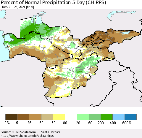 Central Asia Percent of Normal Precipitation 5-Day (CHIRPS) Thematic Map For 12/21/2021 - 12/25/2021