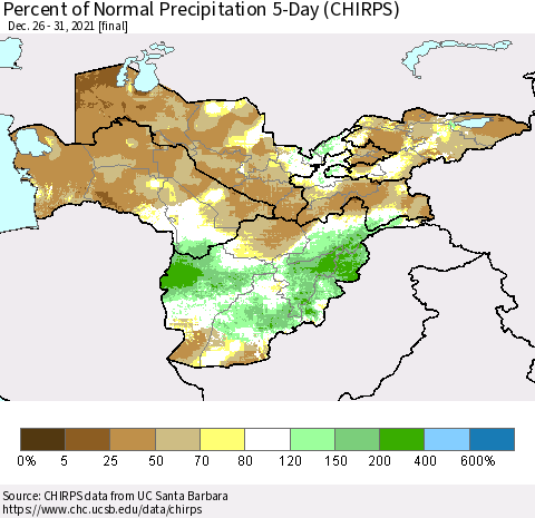Central Asia Percent of Normal Precipitation 5-Day (CHIRPS) Thematic Map For 12/26/2021 - 12/31/2021
