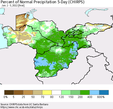 Central Asia Percent of Normal Precipitation 5-Day (CHIRPS) Thematic Map For 1/1/2022 - 1/5/2022