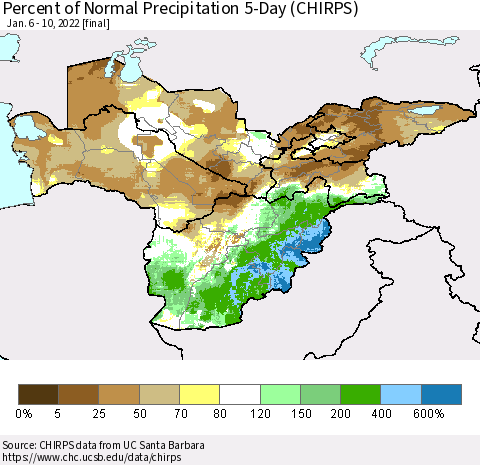 Central Asia Percent of Normal Precipitation 5-Day (CHIRPS) Thematic Map For 1/6/2022 - 1/10/2022
