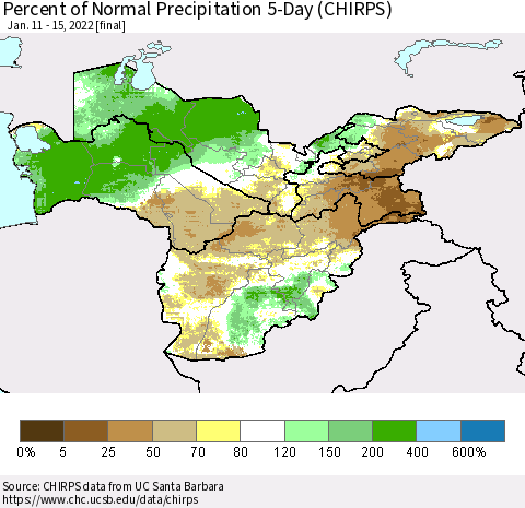 Central Asia Percent of Normal Precipitation 5-Day (CHIRPS) Thematic Map For 1/11/2022 - 1/15/2022