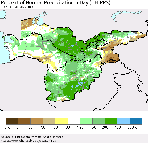 Central Asia Percent of Normal Precipitation 5-Day (CHIRPS) Thematic Map For 1/16/2022 - 1/20/2022