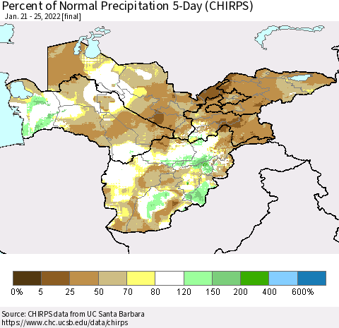 Central Asia Percent of Normal Precipitation 5-Day (CHIRPS) Thematic Map For 1/21/2022 - 1/25/2022