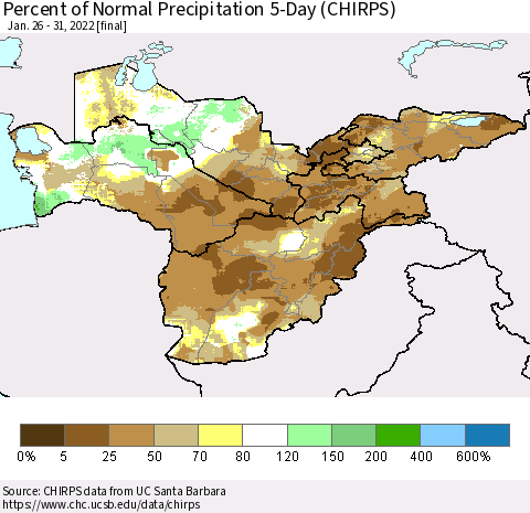 Central Asia Percent of Normal Precipitation 5-Day (CHIRPS) Thematic Map For 1/26/2022 - 1/31/2022