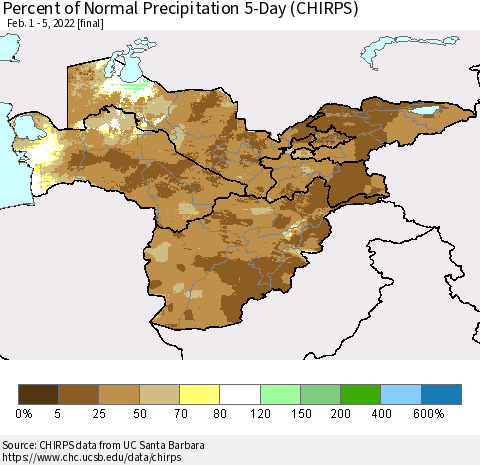Central Asia Percent of Normal Precipitation 5-Day (CHIRPS) Thematic Map For 2/1/2022 - 2/5/2022