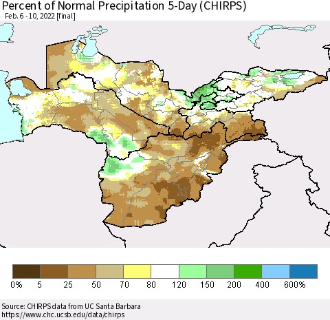 Central Asia Percent of Normal Precipitation 5-Day (CHIRPS) Thematic Map For 2/6/2022 - 2/10/2022