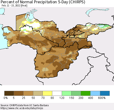 Central Asia Percent of Normal Precipitation 5-Day (CHIRPS) Thematic Map For 2/11/2022 - 2/15/2022