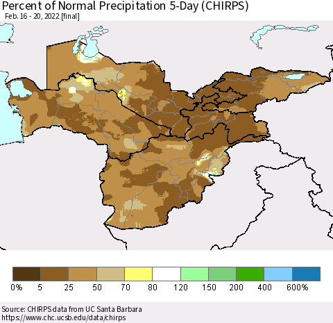 Central Asia Percent of Normal Precipitation 5-Day (CHIRPS) Thematic Map For 2/16/2022 - 2/20/2022
