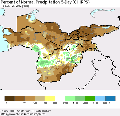 Central Asia Percent of Normal Precipitation 5-Day (CHIRPS) Thematic Map For 2/21/2022 - 2/25/2022