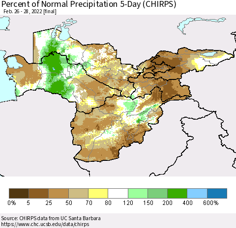 Central Asia Percent of Normal Precipitation 5-Day (CHIRPS) Thematic Map For 2/26/2022 - 2/28/2022